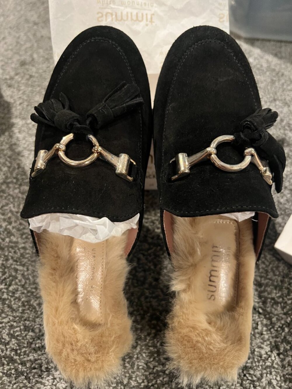 NIB Summit by White Mountain Abelle Black Suede Faux Fur Mules sizes vary